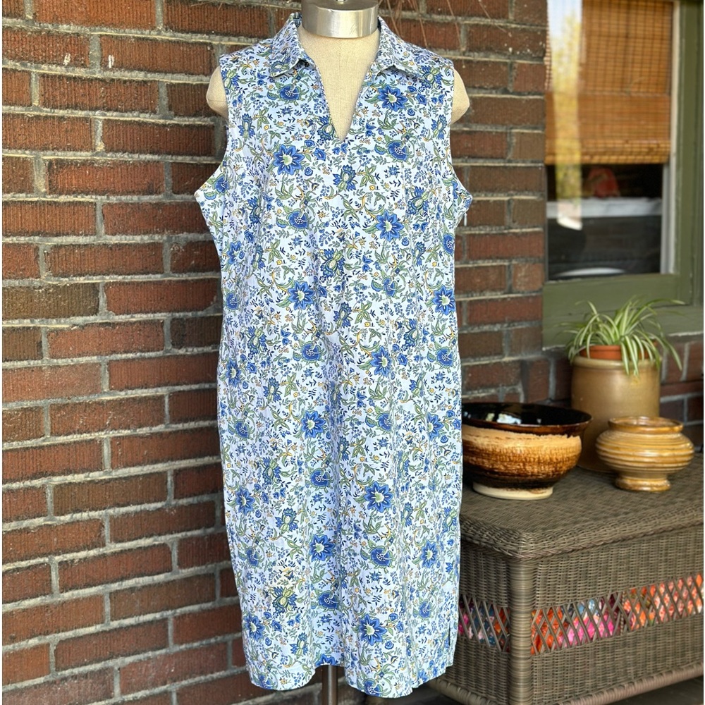 Talbots blue/green/yellow floral cotton sleeveless summer popover dress. Size 14